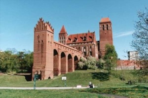Mury  obronne ? fragmenty murów gotyckich z XIV w. widoczne od ul. Gdańskiej i  Górnej.