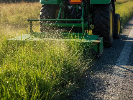 Tył małego traktora z doczepioną kosiarką podczas koszenia trawy.
