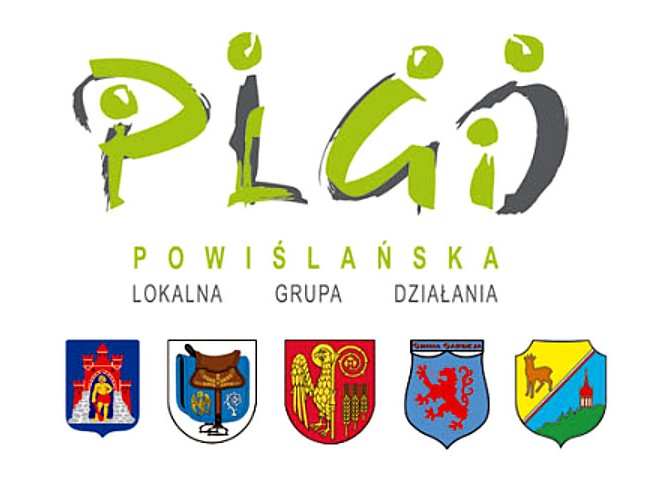grafika ilustracyjne – logotyp Powiślańskiej Lokalnej Grupy Działania zawierający stylizowane litery PLGD oraz herby 5 gmin wiejskich powiatu.
