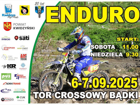 Na plakacie widać osobę na motorze, informacje o wydarzeniu, a po lewej stronie loga sponsorów.