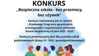 Na biało-niebieskim tle znajdują się informacje na temat konkursu oraz grupa ludzi.