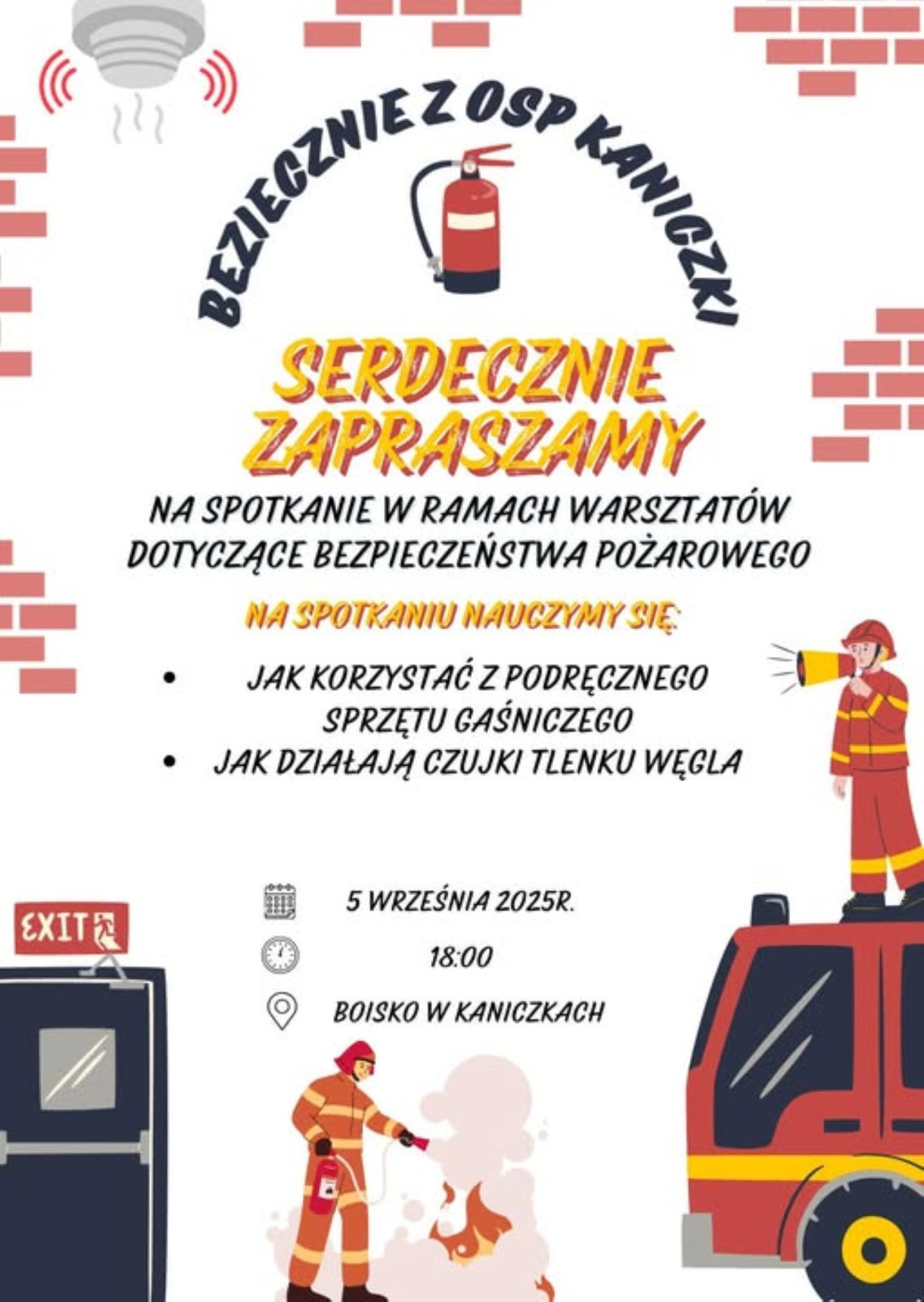 Na zdjęciu zamieszczone są informacje na temat spotkania oraz widać dwóch strażaków i wóz strażacki.