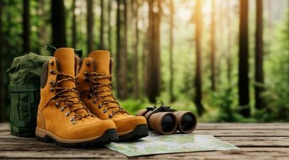 Zdjęcie przedstawia buty, mapę, lornetkę i mały plecak, w tle widać las.