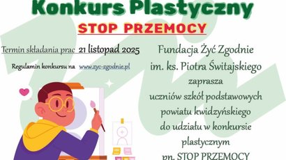 Na zdjęciu znajduje się chłopiec malujący obraz oraz informacje o konkursie.