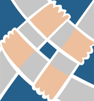 Na granatowym tle po lewej stronie widnieje biały napis, a po prawej stronie szaro-kremowe logo.